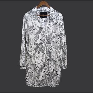 Tahari Linen Tropical Leaf Print Shirt Dress XL Long Tunic Flowing Resort Beachy